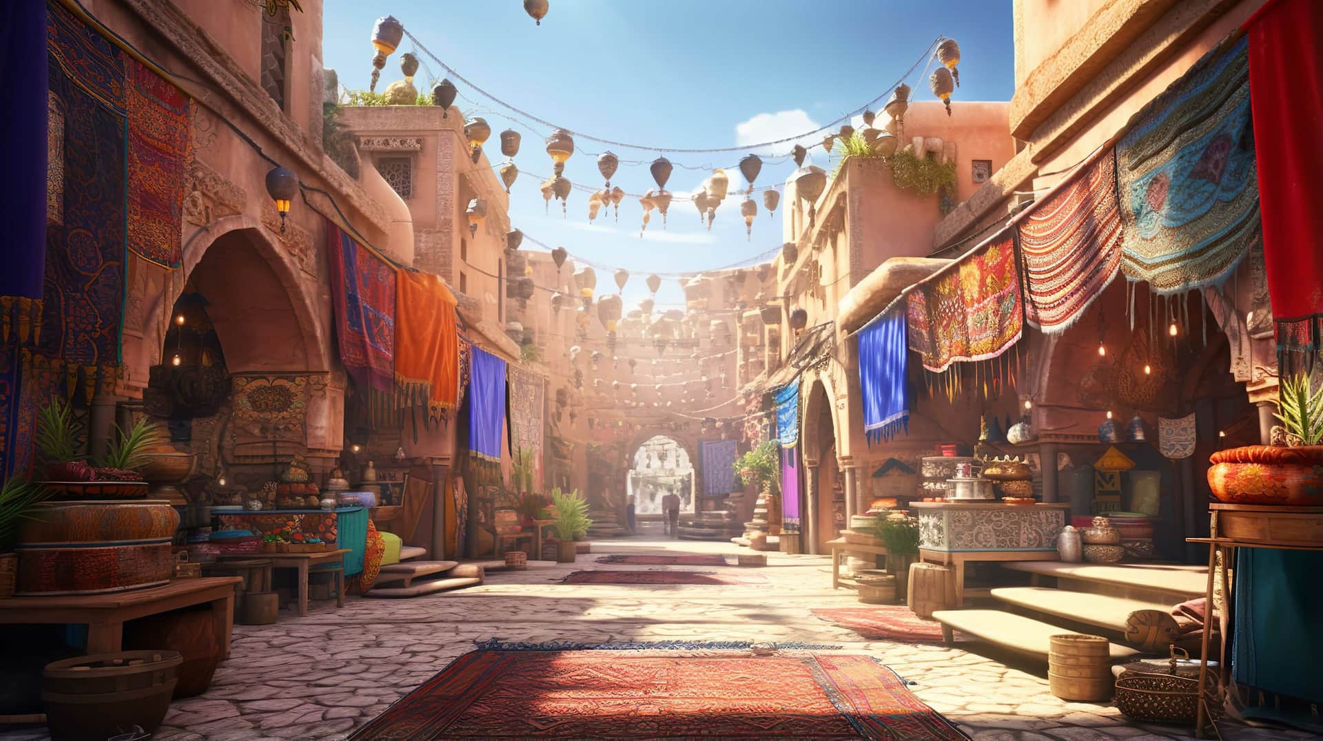 Zoco marroquí con alfombras, telas coloridas y linternas colgantes en callejón de medina soleado