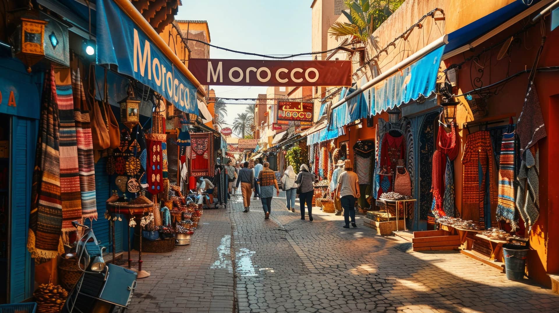 Callejón del zoco de Marrakech con puestos de textiles y artesanía marroquí bajo toldos azules y naranjas