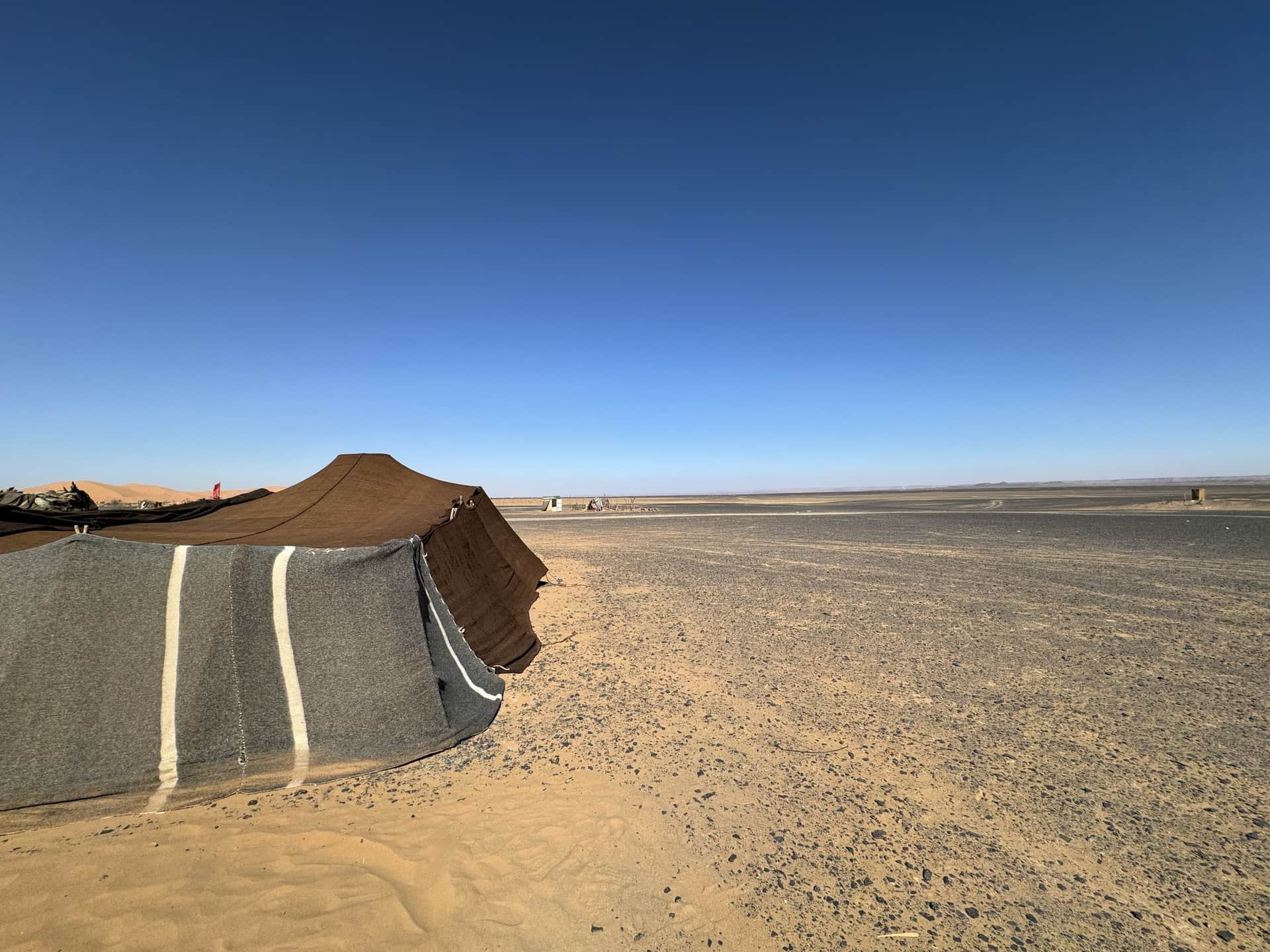 Jaima beréber tradicional en el desierto de Merzouga con dunas del Erg Chebbi al fondo bajo cielo azul