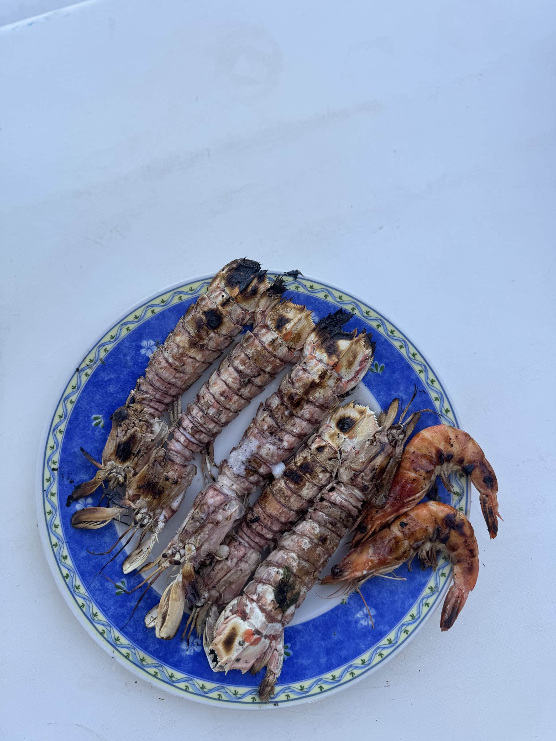 Plato de mariscos a la parrilla en Marruecos: cigalas y gambas frescas sobre plato azul tradicional