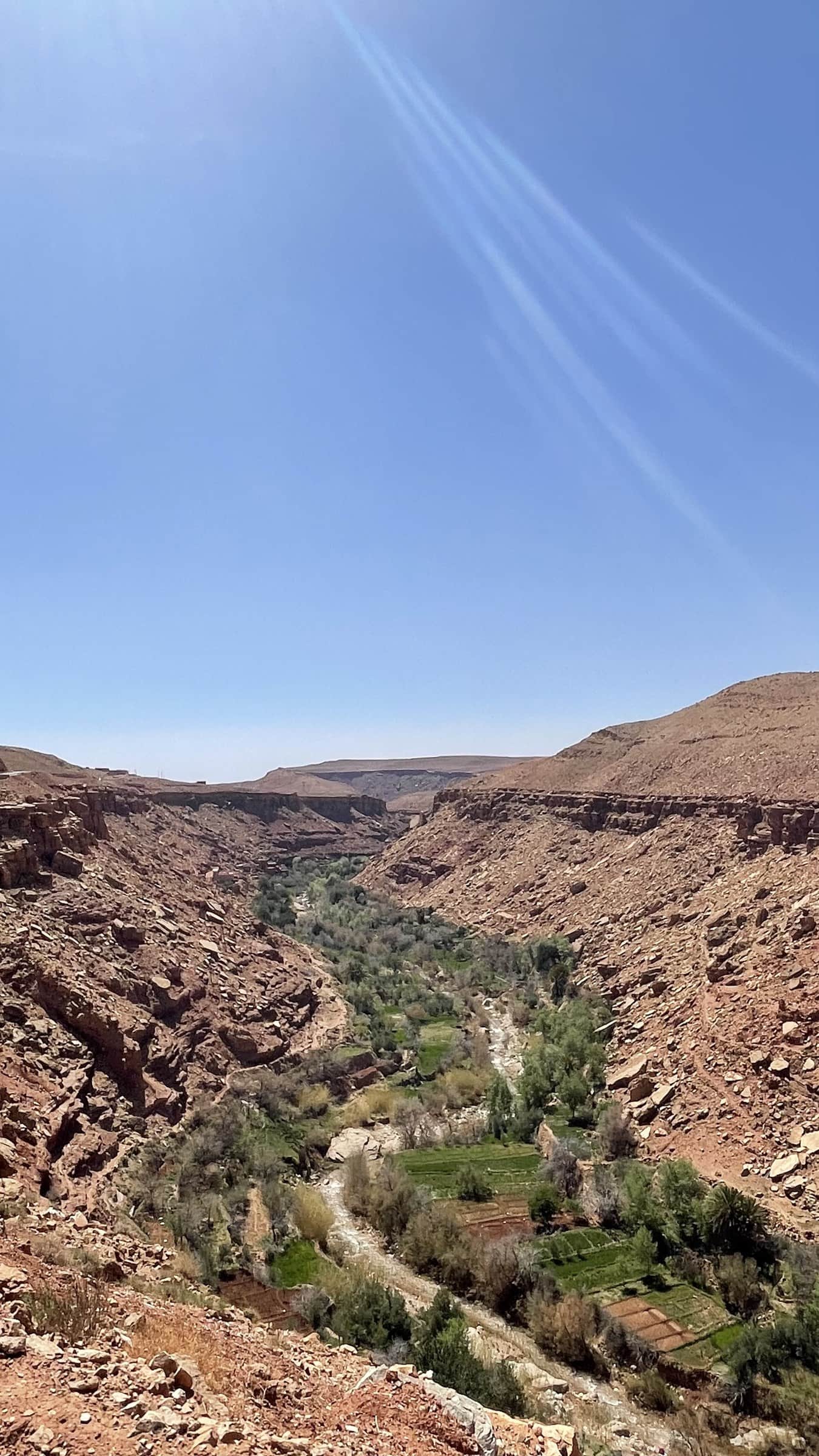 Valle del Dadés desde las alturas con oasis verde entre paredes rocosas rojizas y cielo azul, Marruecos