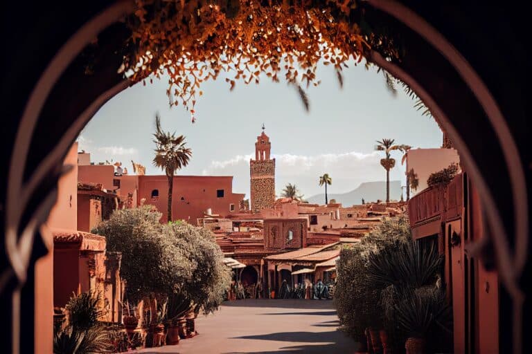 Vista de la medina de Marrakech enmarcada por arco morisco con minarete y edificios de tierra roja al fondo