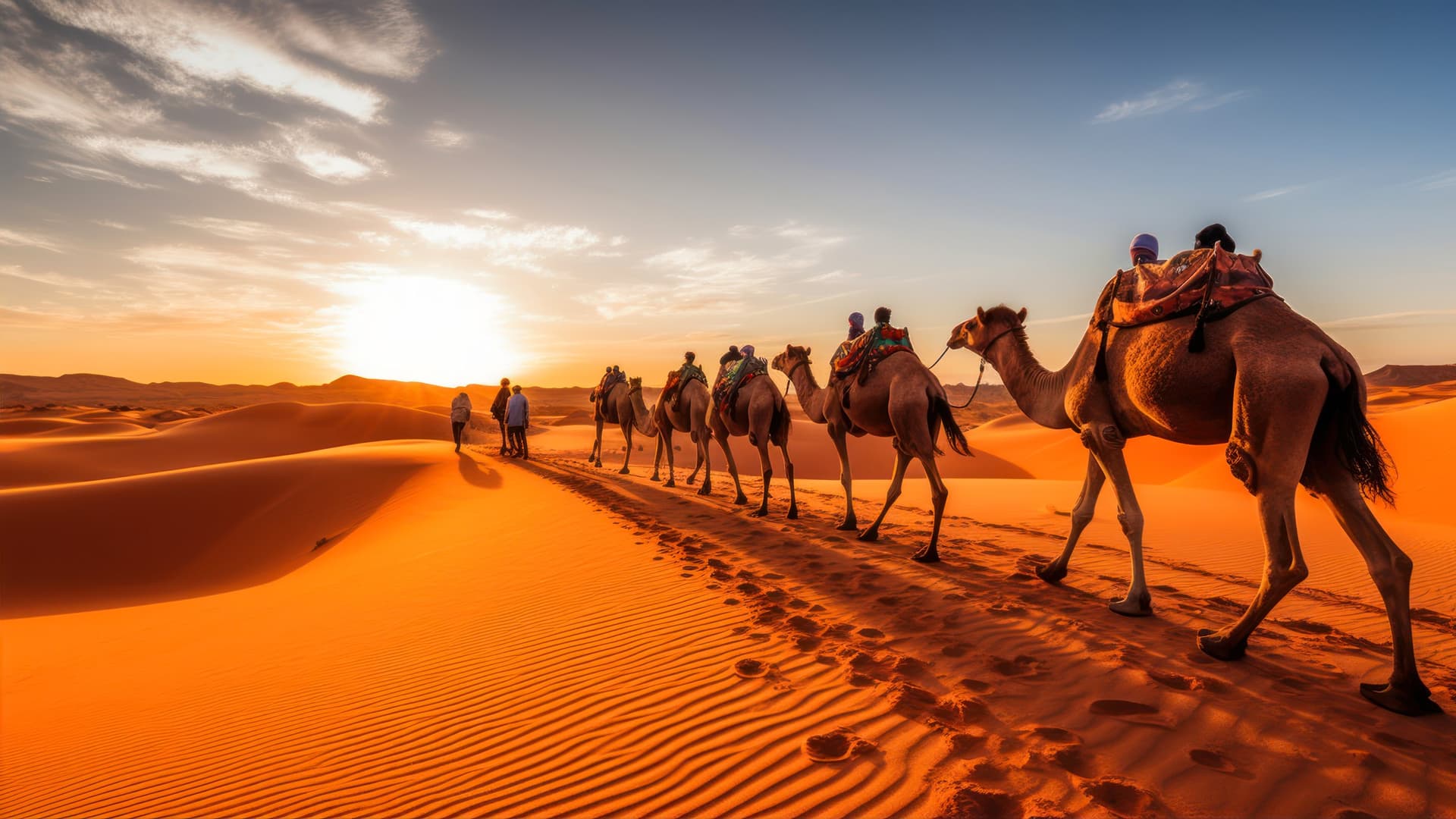 Caravana de dromedarios con viajeros cruzando las dunas del Erg Chebbi en Merzouga al atardecer dorado